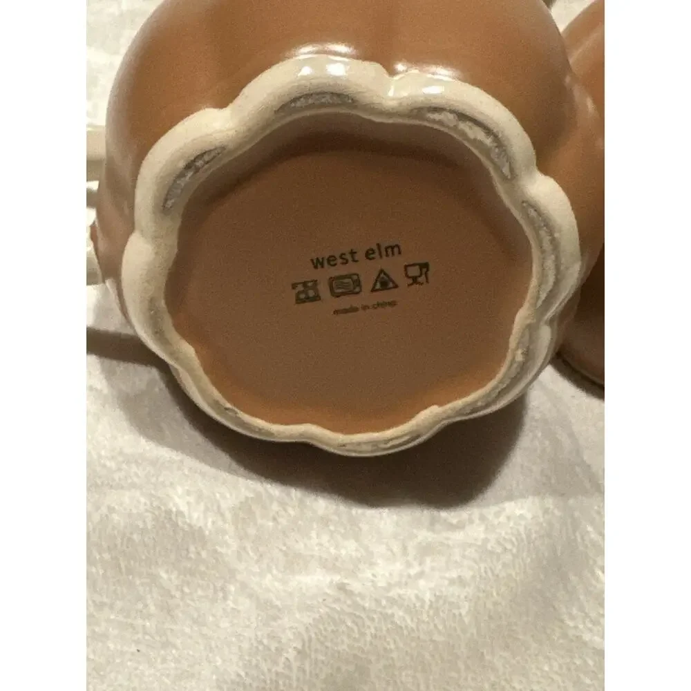West Elm Stoneware Pumpkin Mug Set; Terracotta Cream Handles Fall Festive